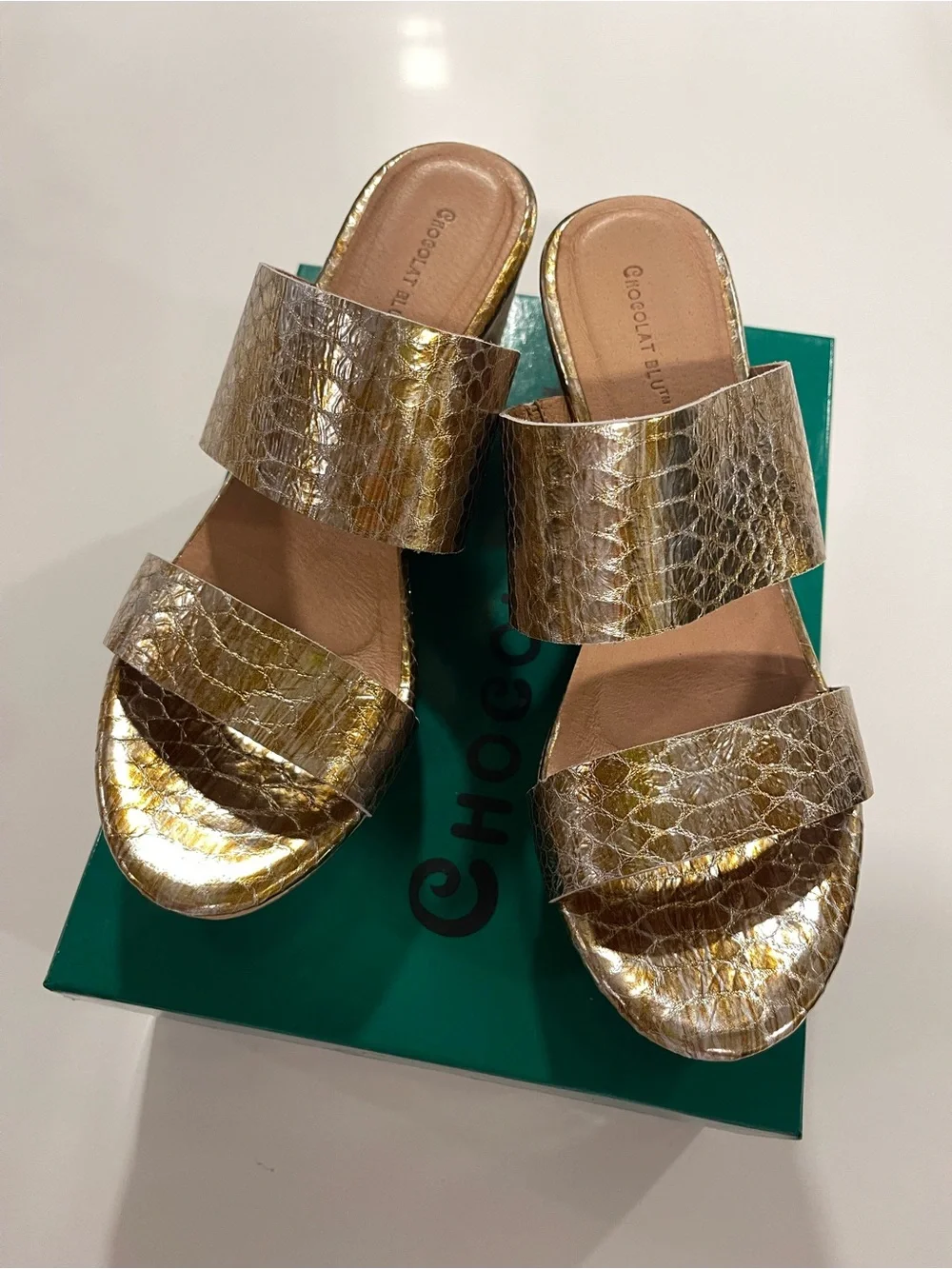 Chocolat Blu Wilder Metallic Bronze Gold Croc-Embossed Double Strap Wedge Slides